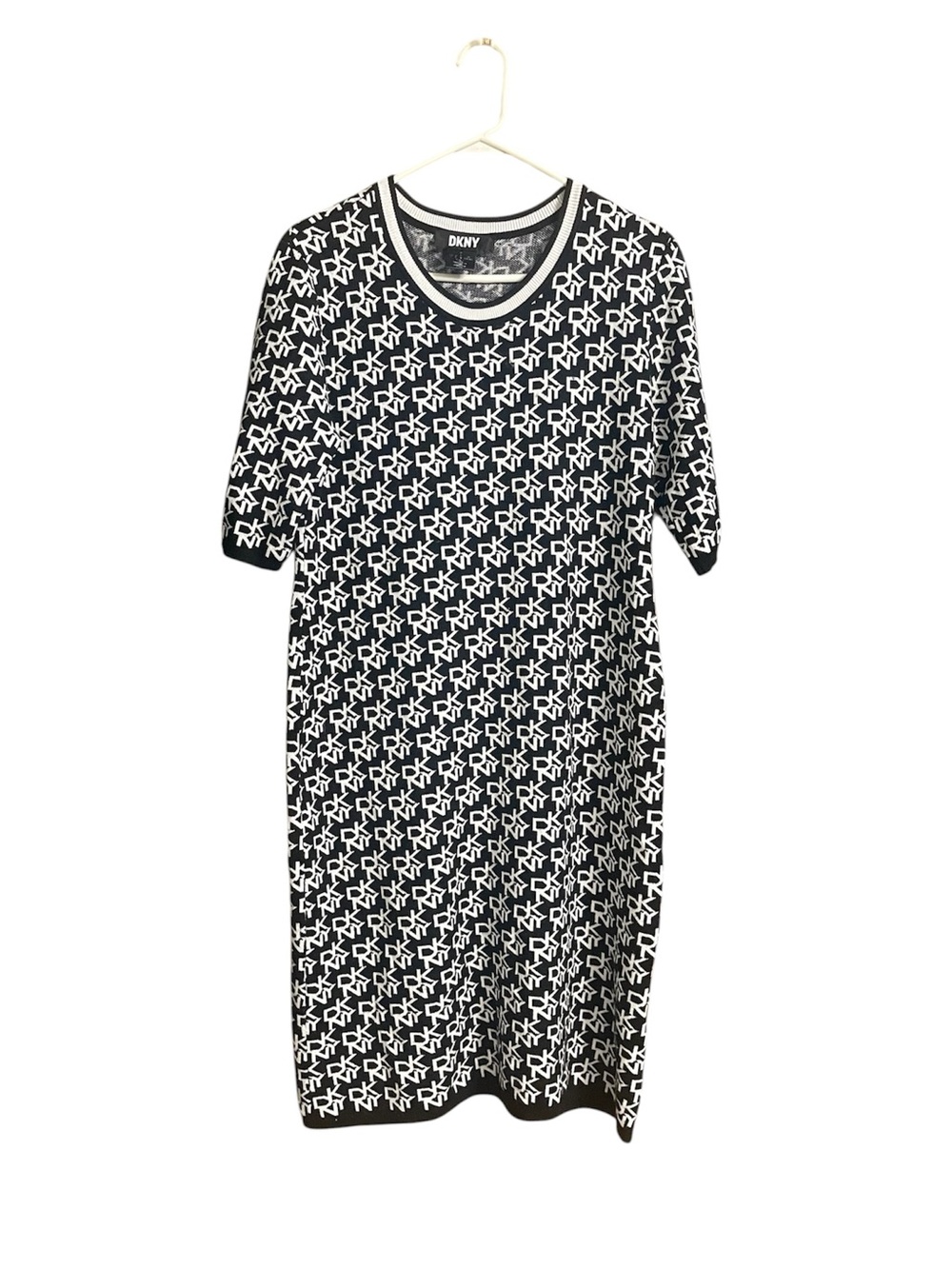 DKNY black and white All Over logo printed knit sweater dress